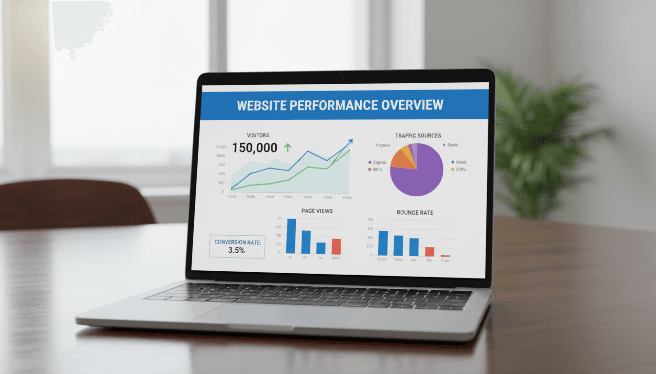 Website analytics dashboard with charts and graphs on a laptop screen