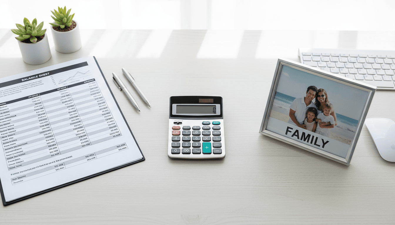 Calculator, financial papers, and a family photo arranged on a desk, viewed from above