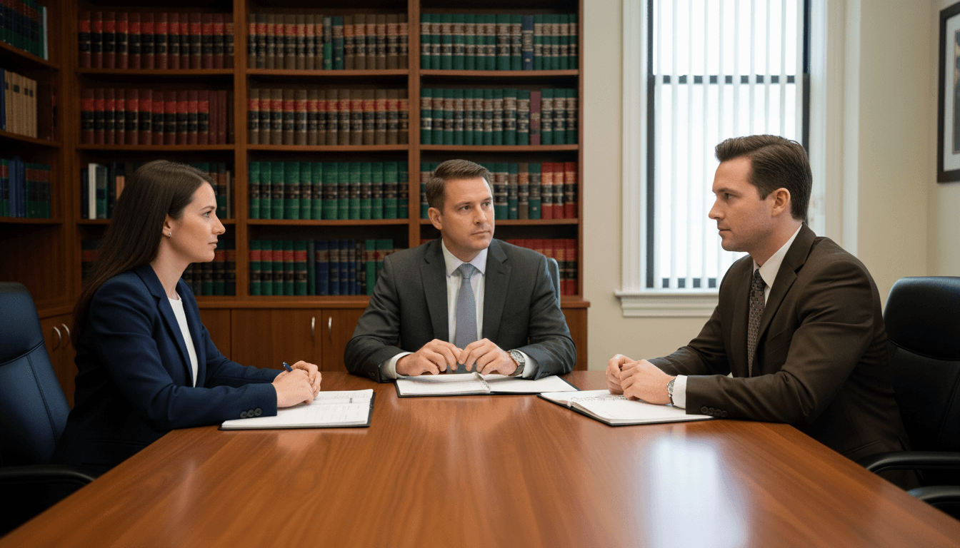 Professional lawyer in suit reviewing legal documents at a desk