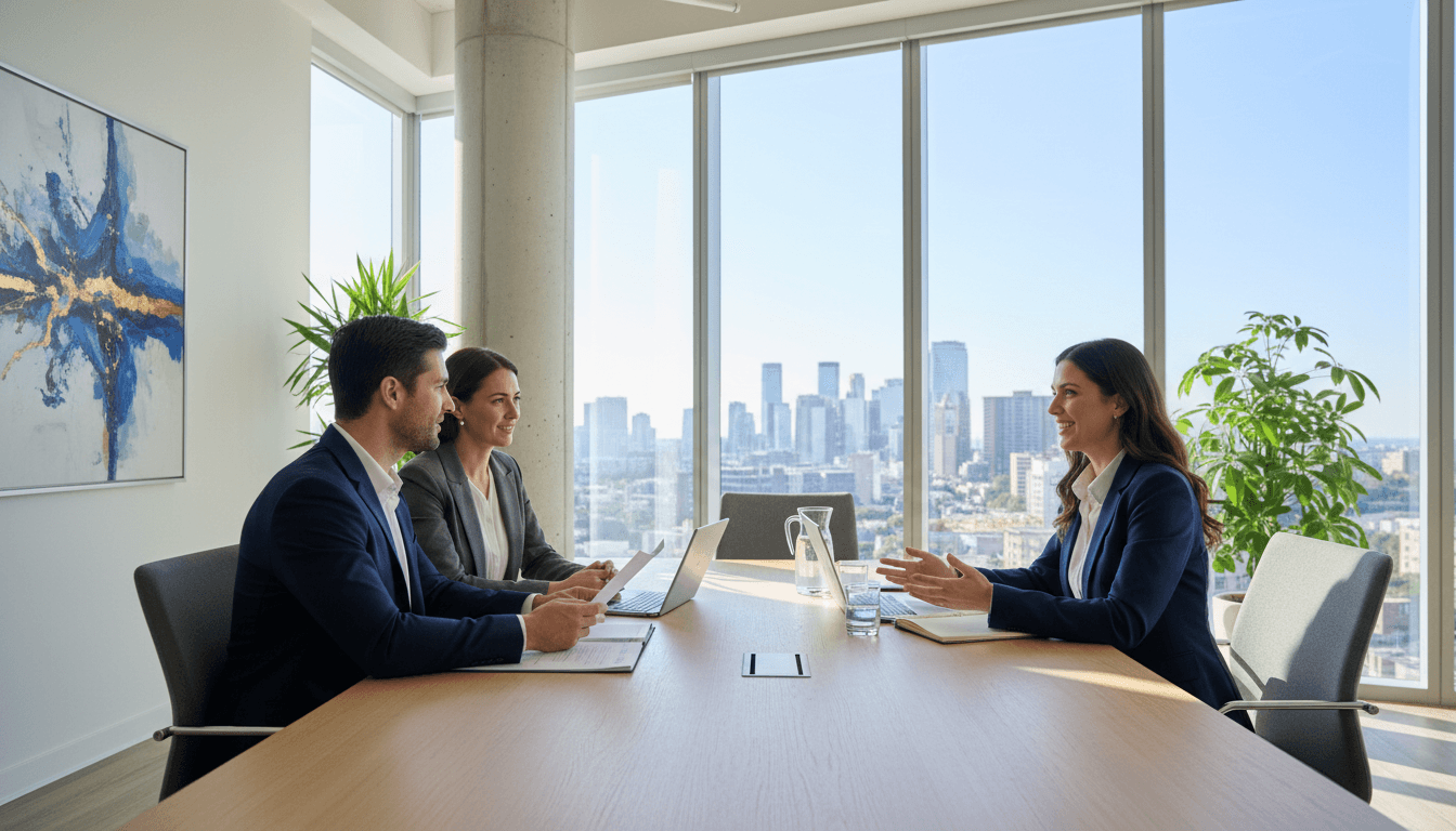 James Salmons meeting with clients in his office