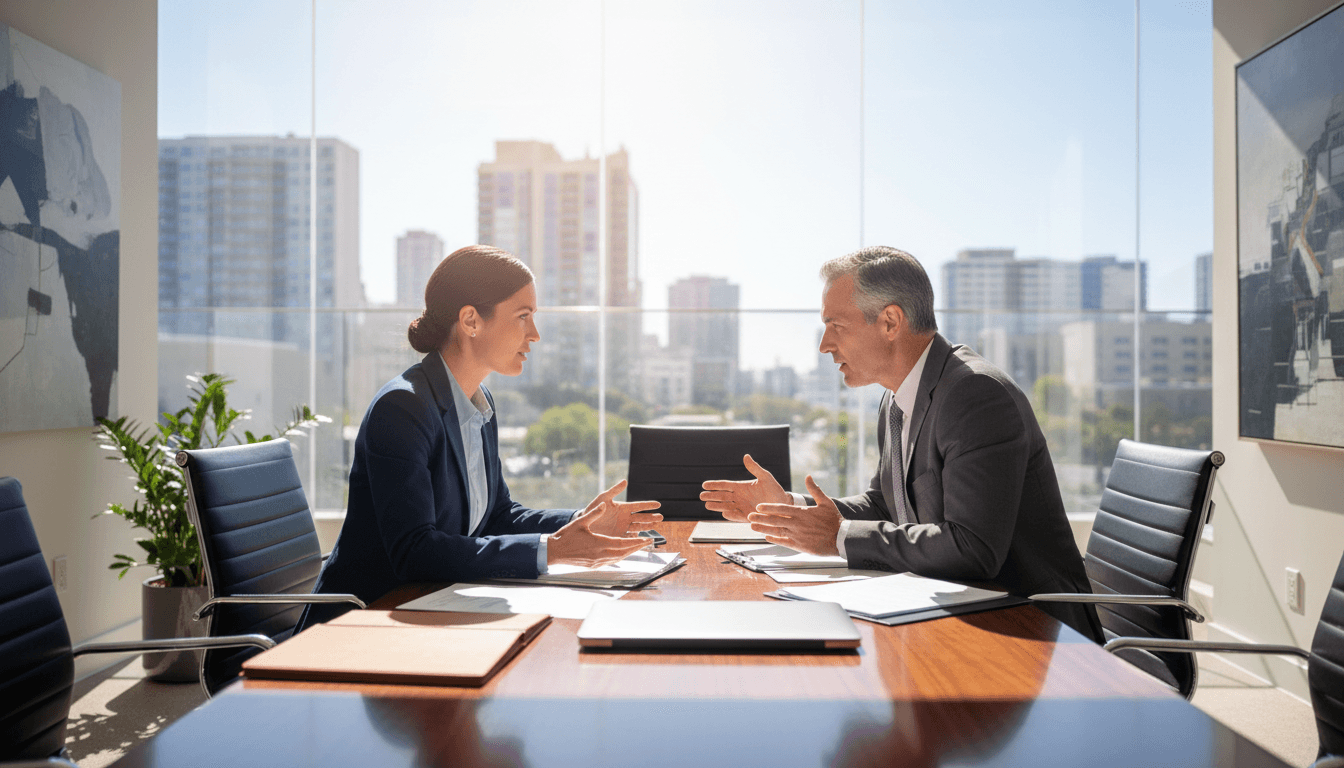 Two legal professionals in a sunlit glass-walled meeting room engaged in discussion at a conference table.