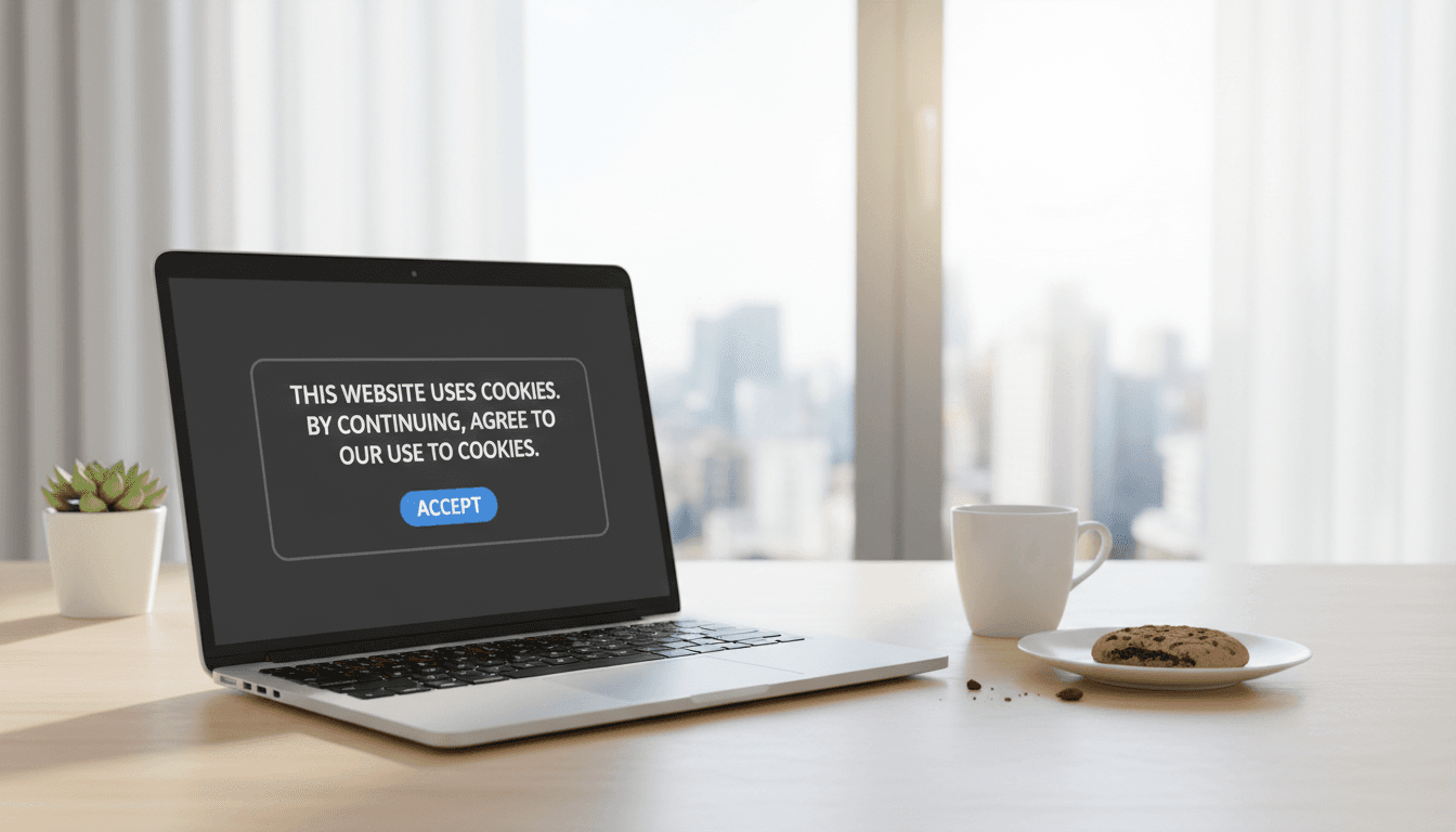 Modern laptop displaying a cookie notification on a bright office desk