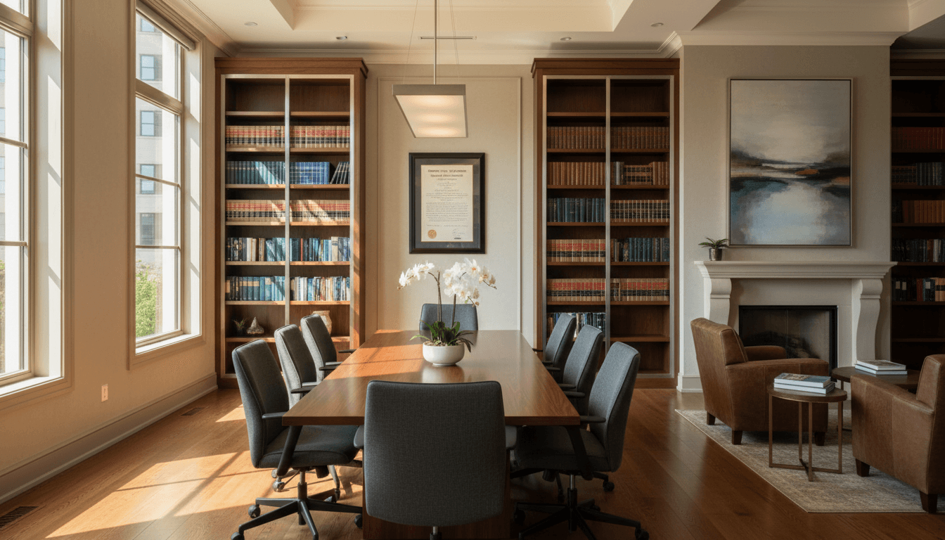 Calm professional law office interior with warm natural light