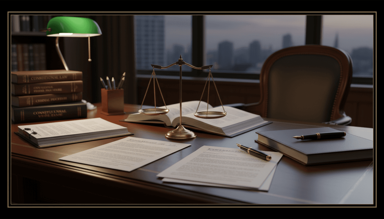 Lawyer's desk with legal documents, scales of justice, and a pen
