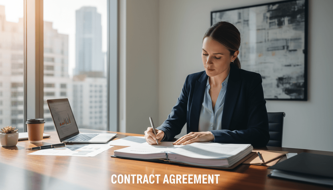 Woman signing legal documents at a bright office desk