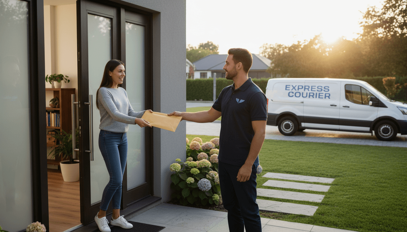 Professional courier handing an envelope to a person at a front door