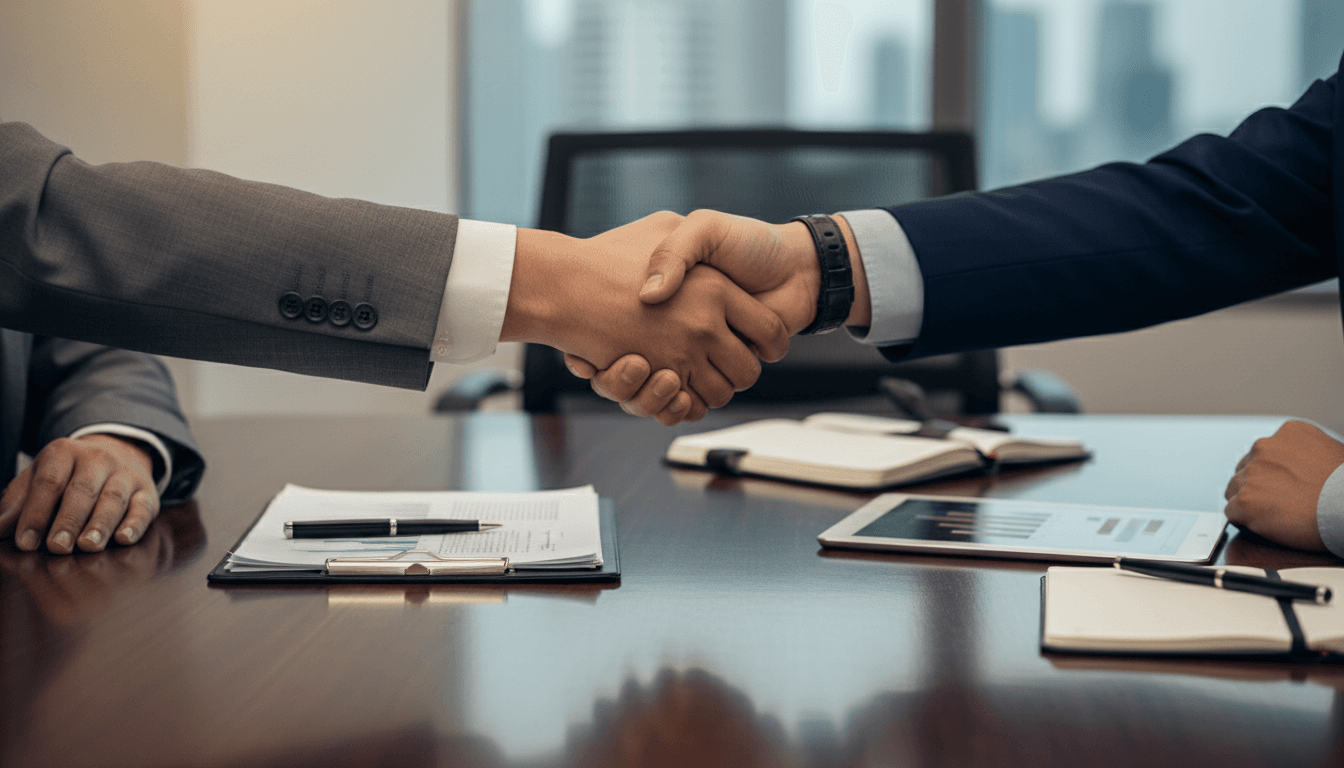 Close-up of a handshake between a lawyer and client across a desk