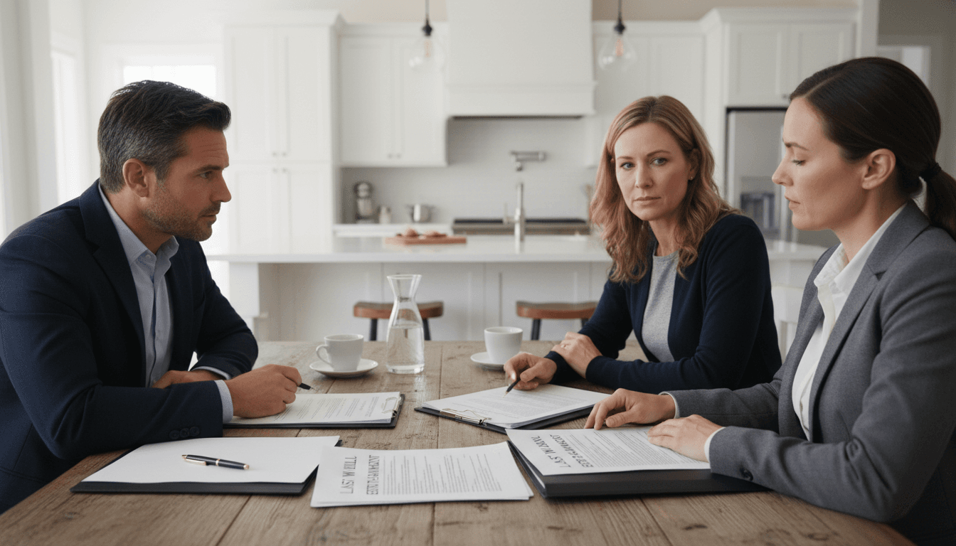 Couple reviewing financial documents at a kitchen table