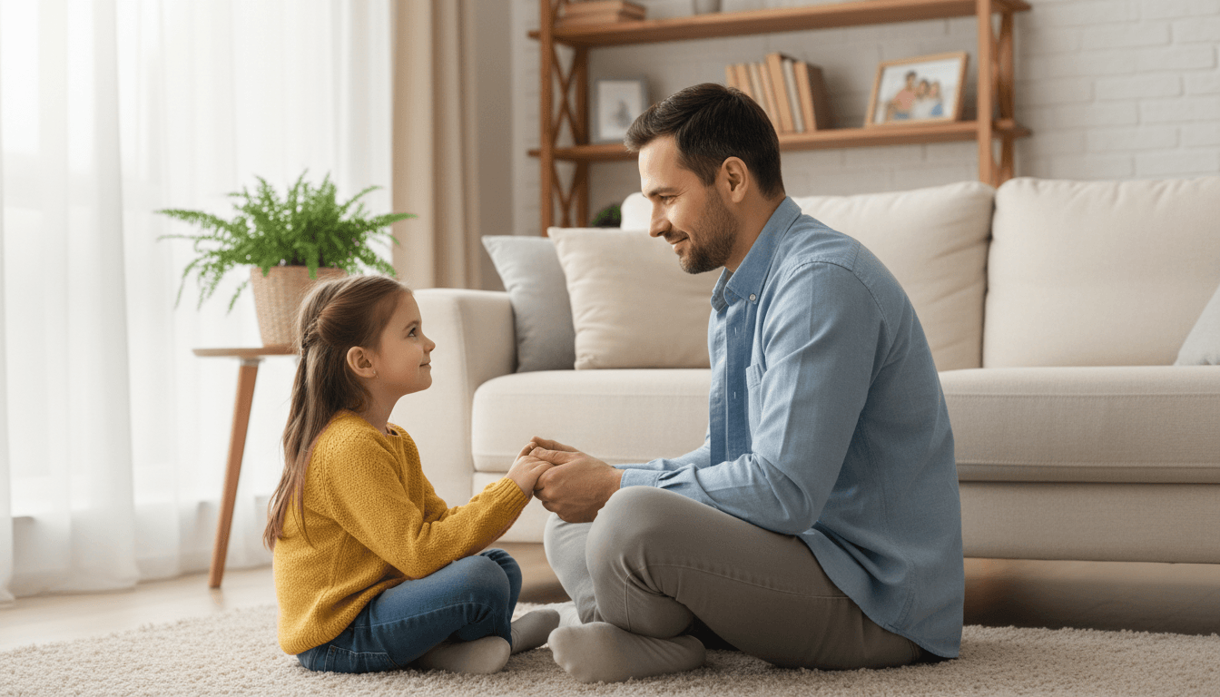Father talking with his young daughter at home