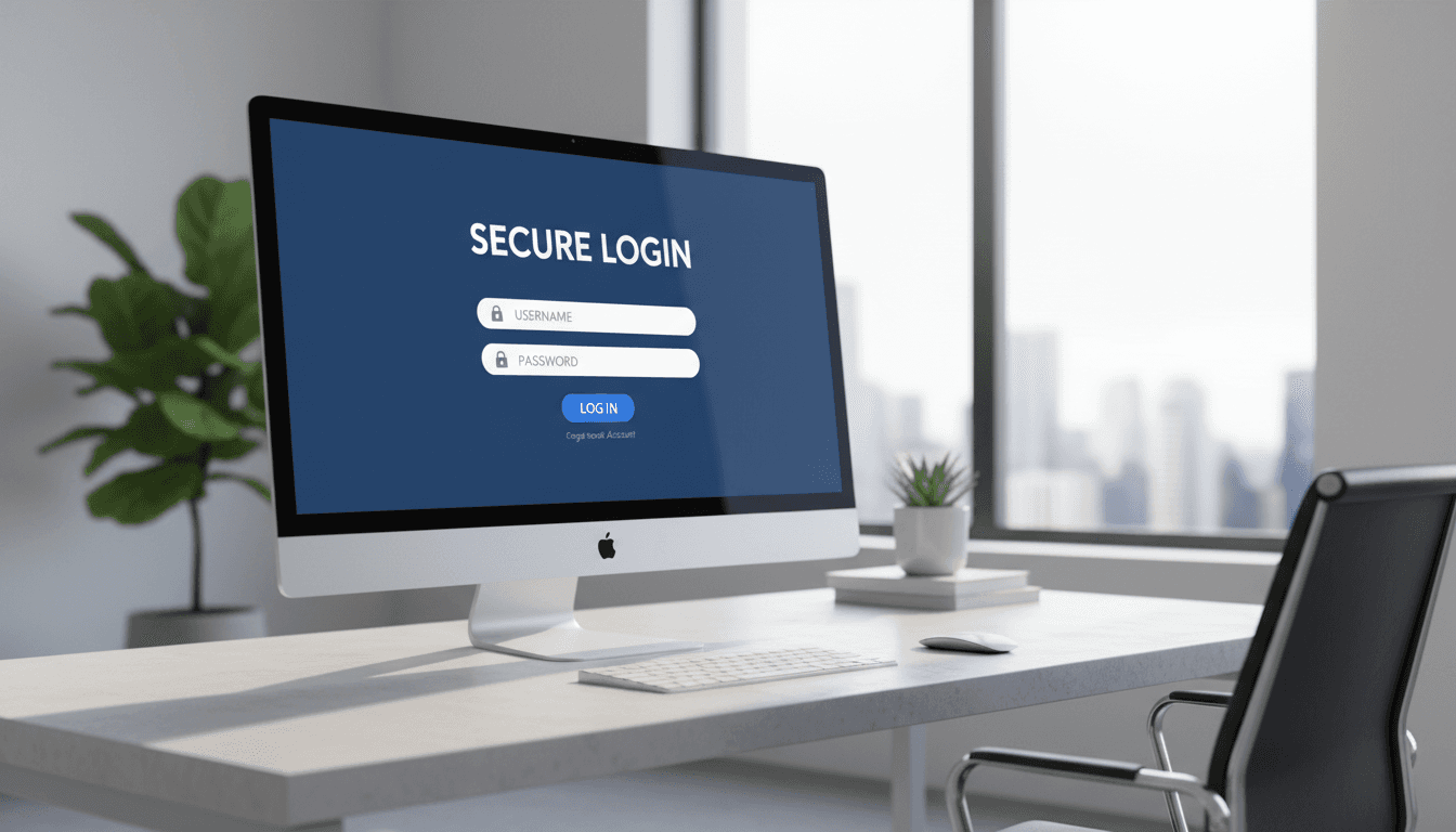 Modern computer screen displaying a secure login form in a clean office setting