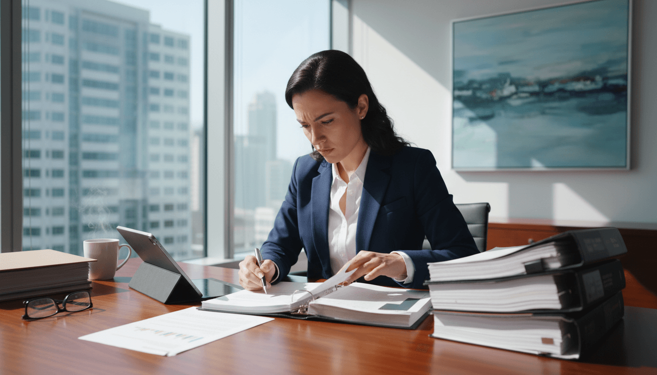 Lawyer reviewing legal documents at a desk in a bright office