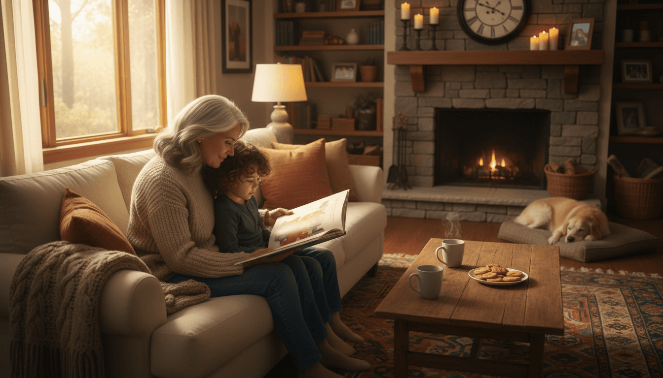 Grandmother reading with a grandchild on a couch