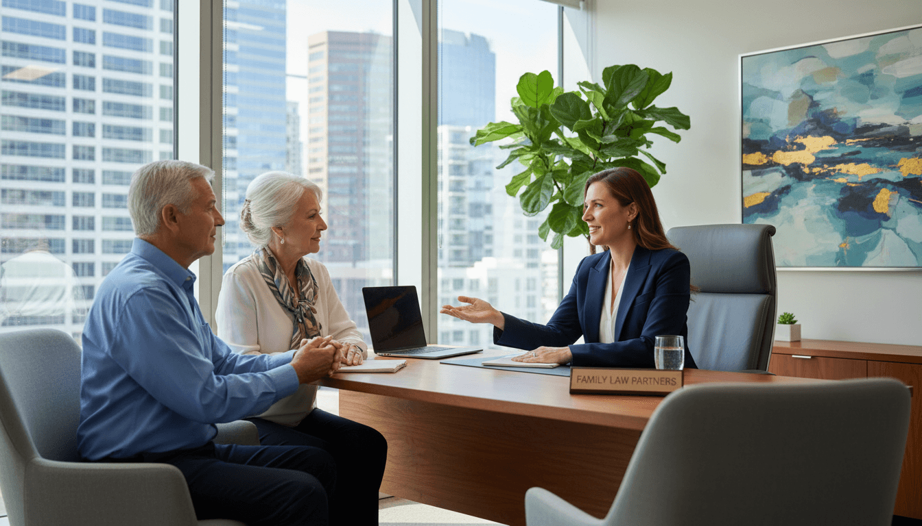 Attorney in a consultation with an older couple in a modern office