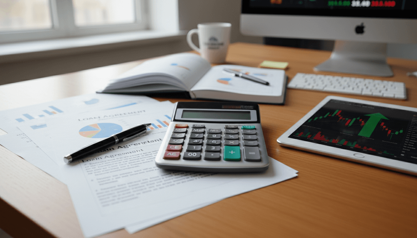 Calculator with financial documents and pen on a desk
