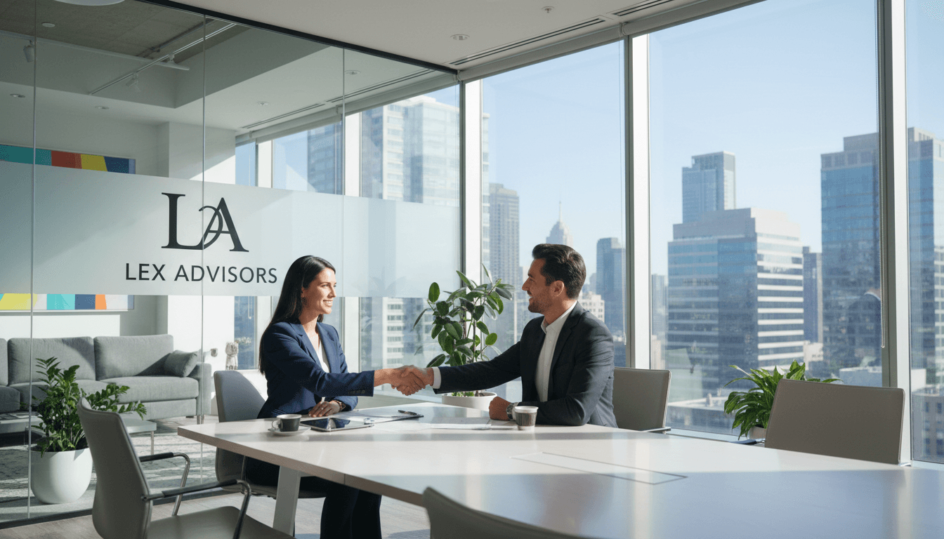 Professional lawyer meeting with a client in a bright, modern law office