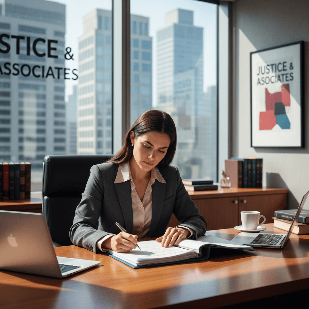 Professional lawyer in suit reviewing legal documents at a desk