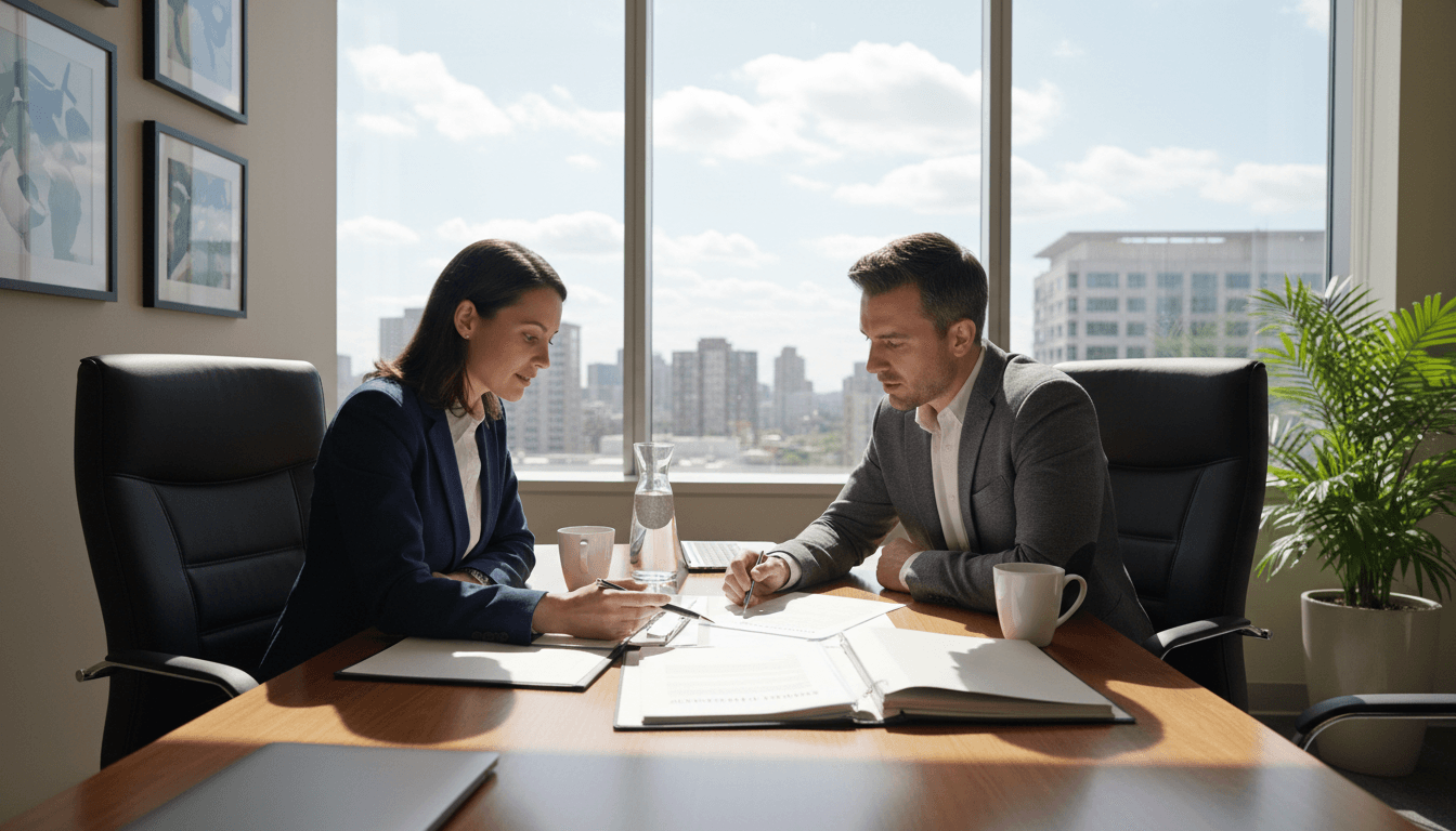 Attorney meeting with client in a bright law office, discussing documents