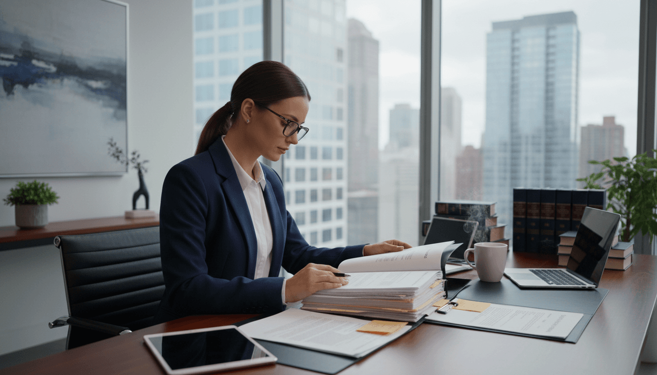Attorney reviewing a case file in a professional law office