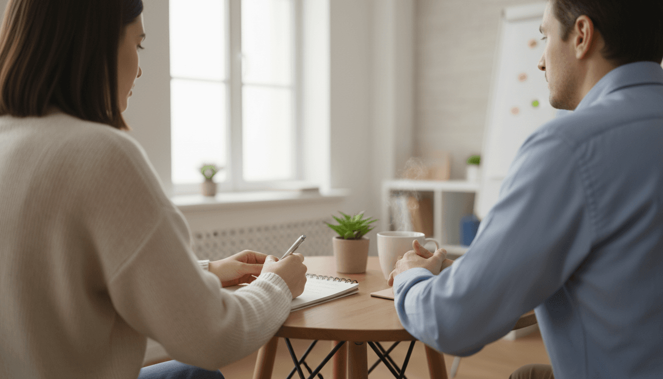 Two people seated at a small round table in a neutral meeting room, one with a notepad
