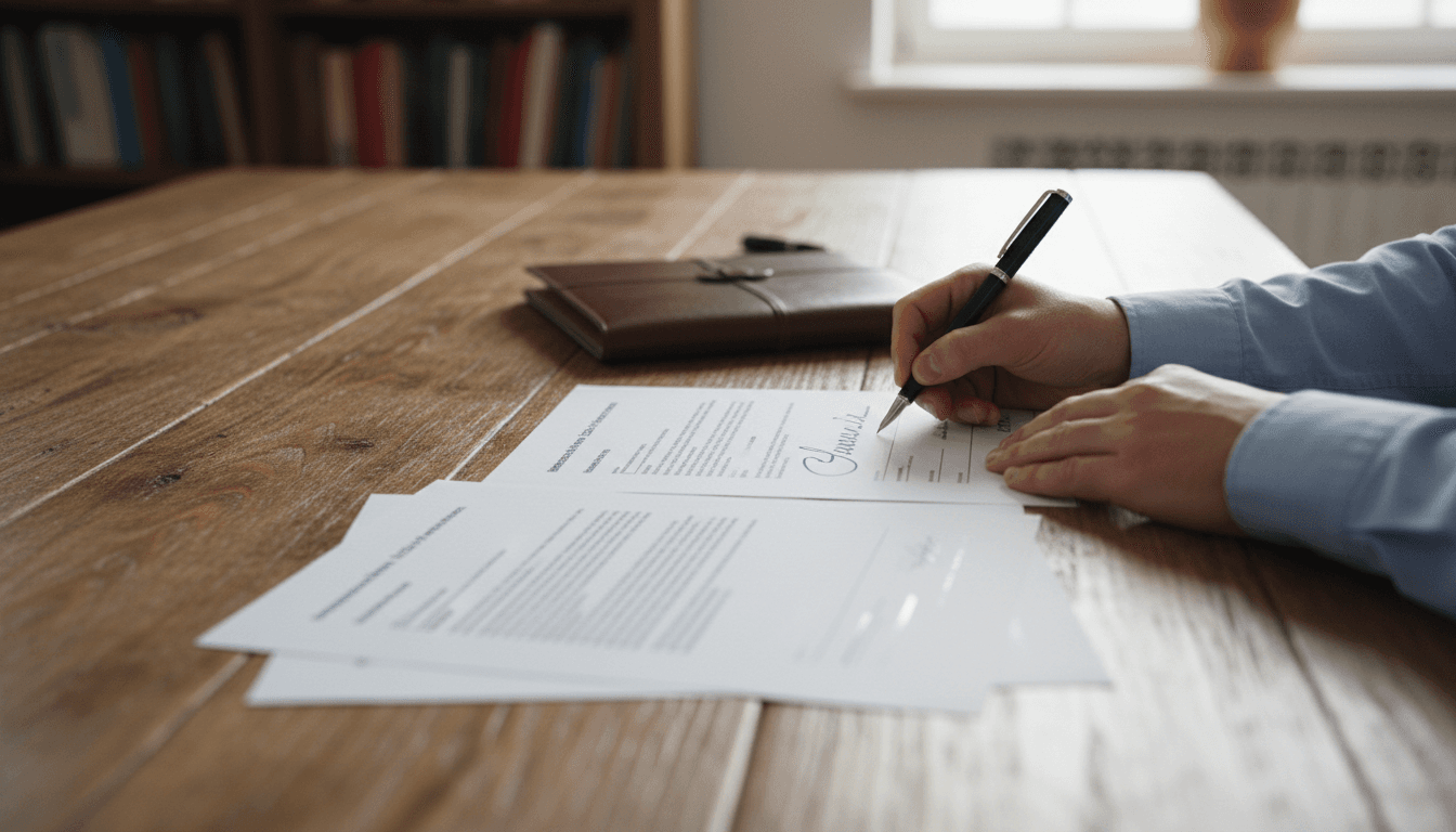 Person signing documents with a pen at a wooden table
