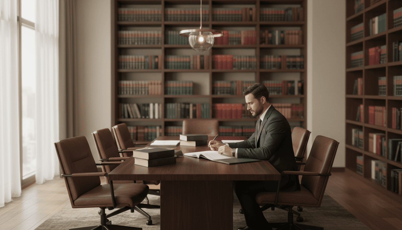 Attorney reviewing legal documents in a professional law office