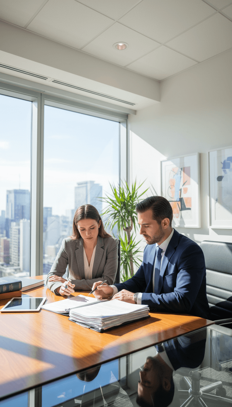 Lawyer reviewing legal documents with a client at a desk