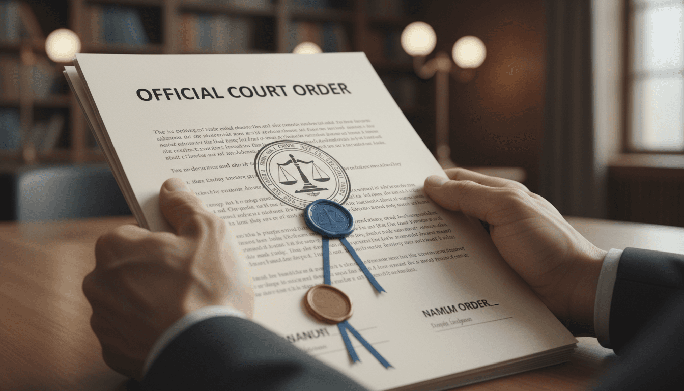 Close-up of hands holding official court documents