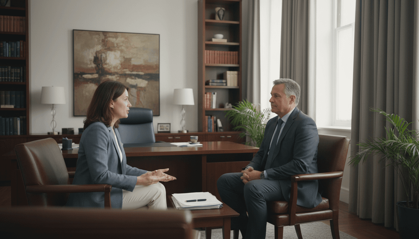 Client speaking with a family law attorney in a private office