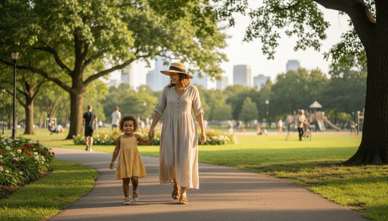 Parent and child walking in a park