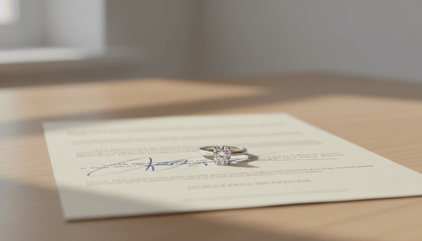 Ring resting on a signed legal document on a wooden desk