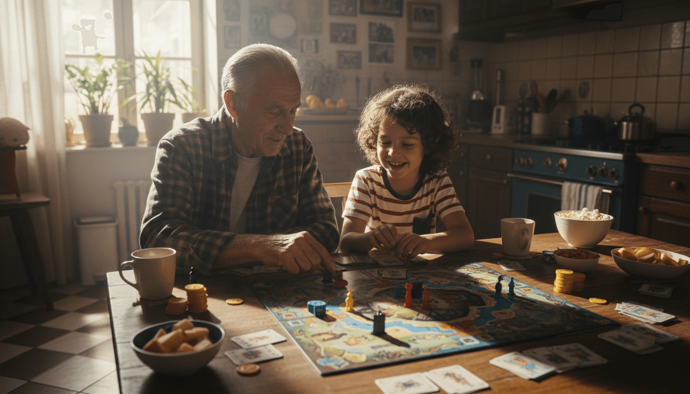 Grandfather playing a board game with a grandchild
