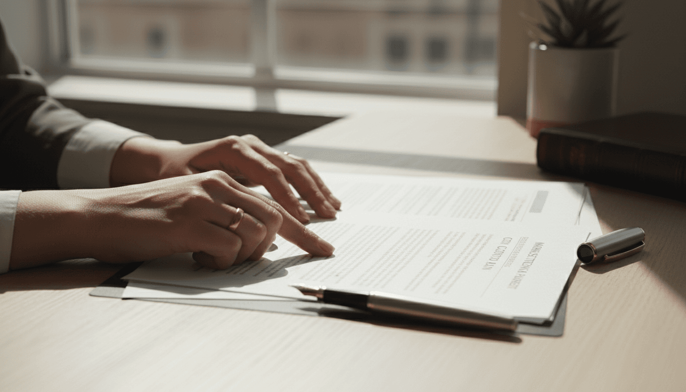 Attorney's hands reviewing legal documents at a desk