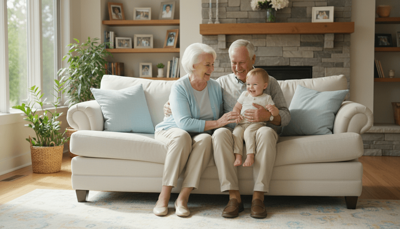 Grandparents sitting with their grandchild, smiling together in a bright living room