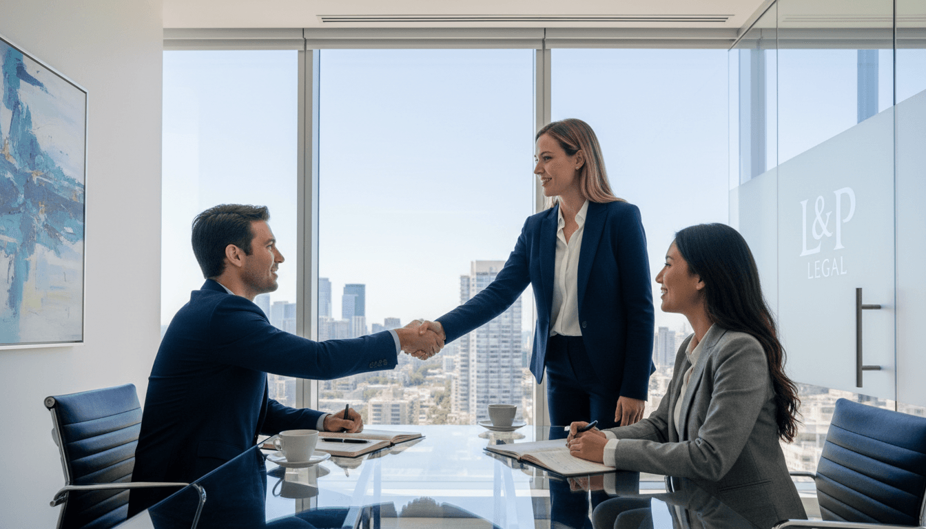 Attorney in a professional meeting with clients in a bright modern office