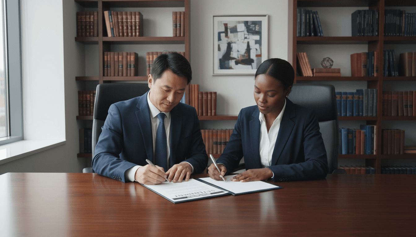 Two professionals signing formal investment partnership agreement at elegant wooden desk with natural side lighting