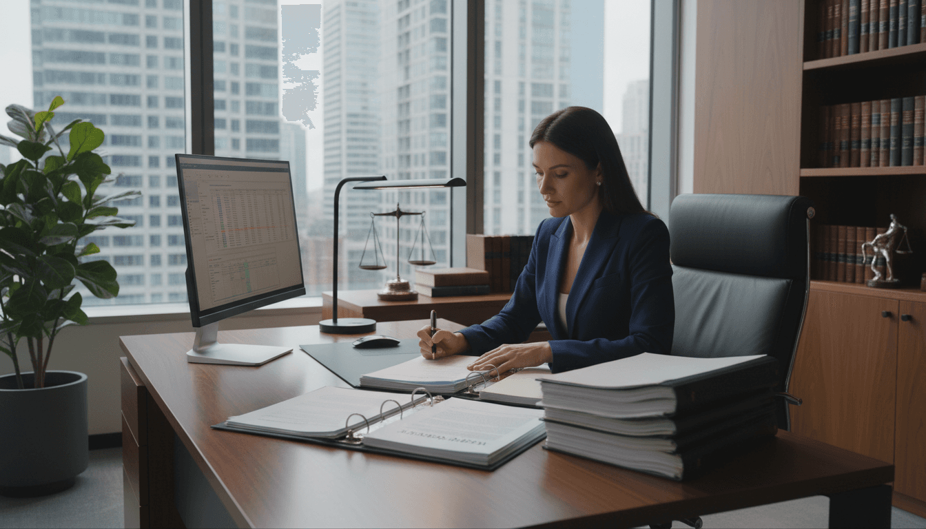 Lawyer reviewing legal documents at a desk