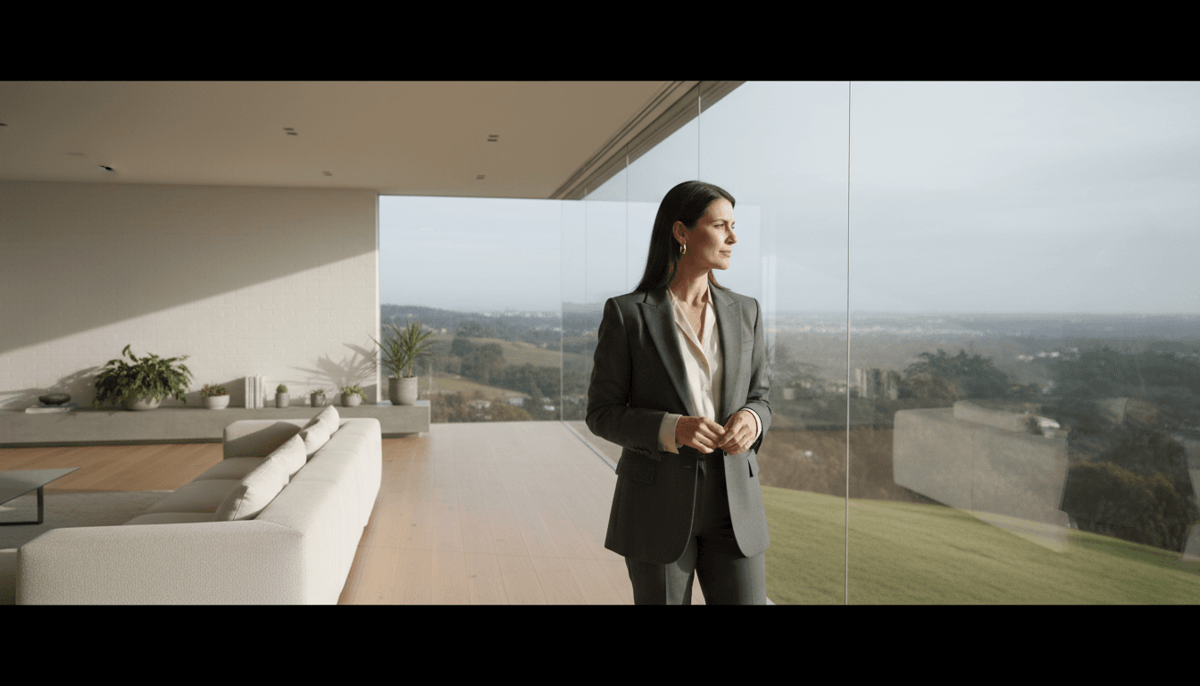 Woman standing calmly in a well-lit room, feeling safe