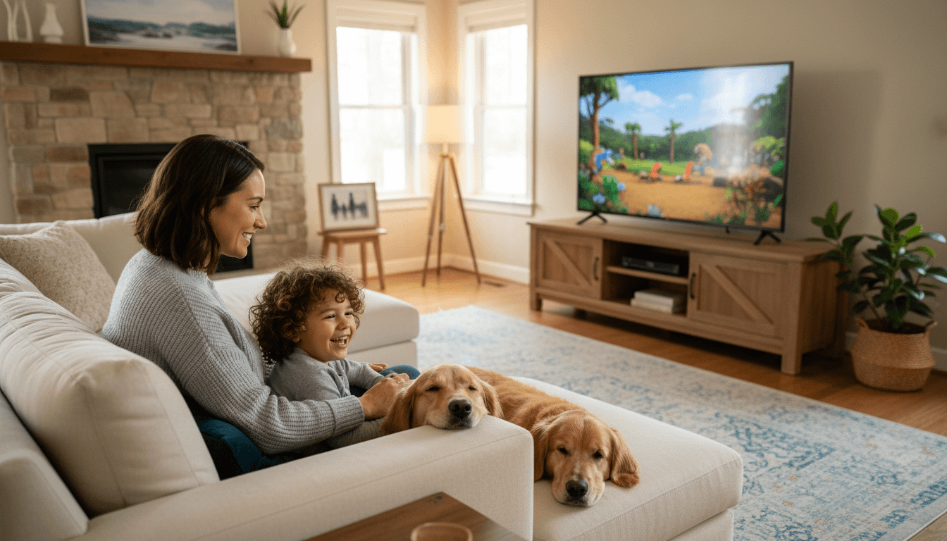 A relaxed woman smiles while watching TV with a child and a dog on a comfortable couch, representing peace of mind from well-managed finances.