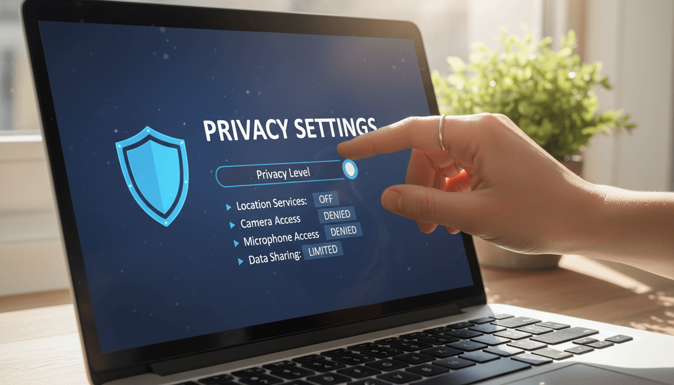 Hand adjusting privacy settings on a laptop screen in natural light