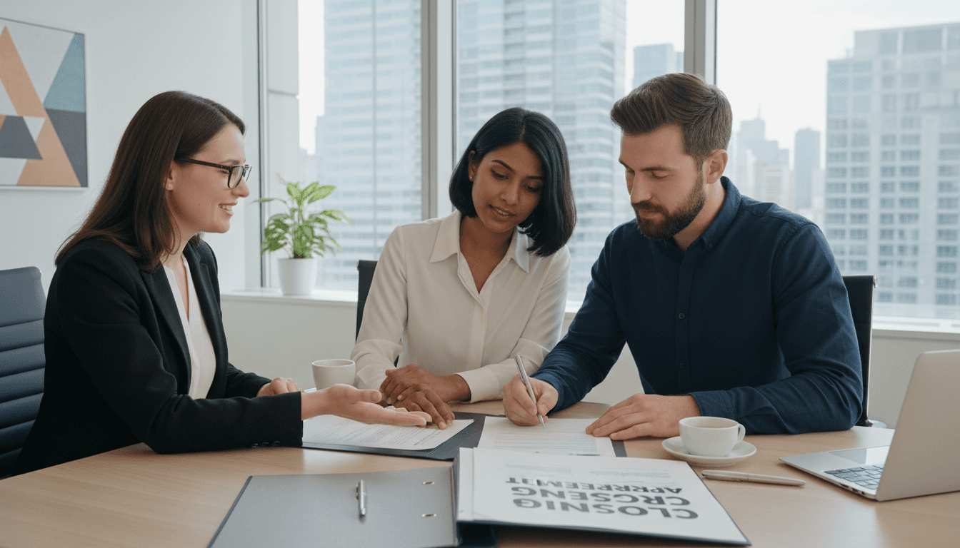 Couple signing prenuptial agreement documents with attorney