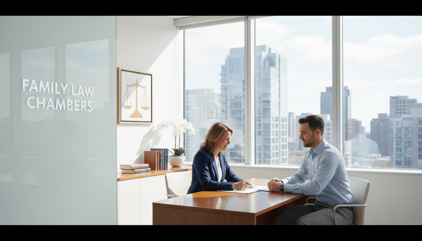 Professional man in a suit at a desk with a client in a bright office