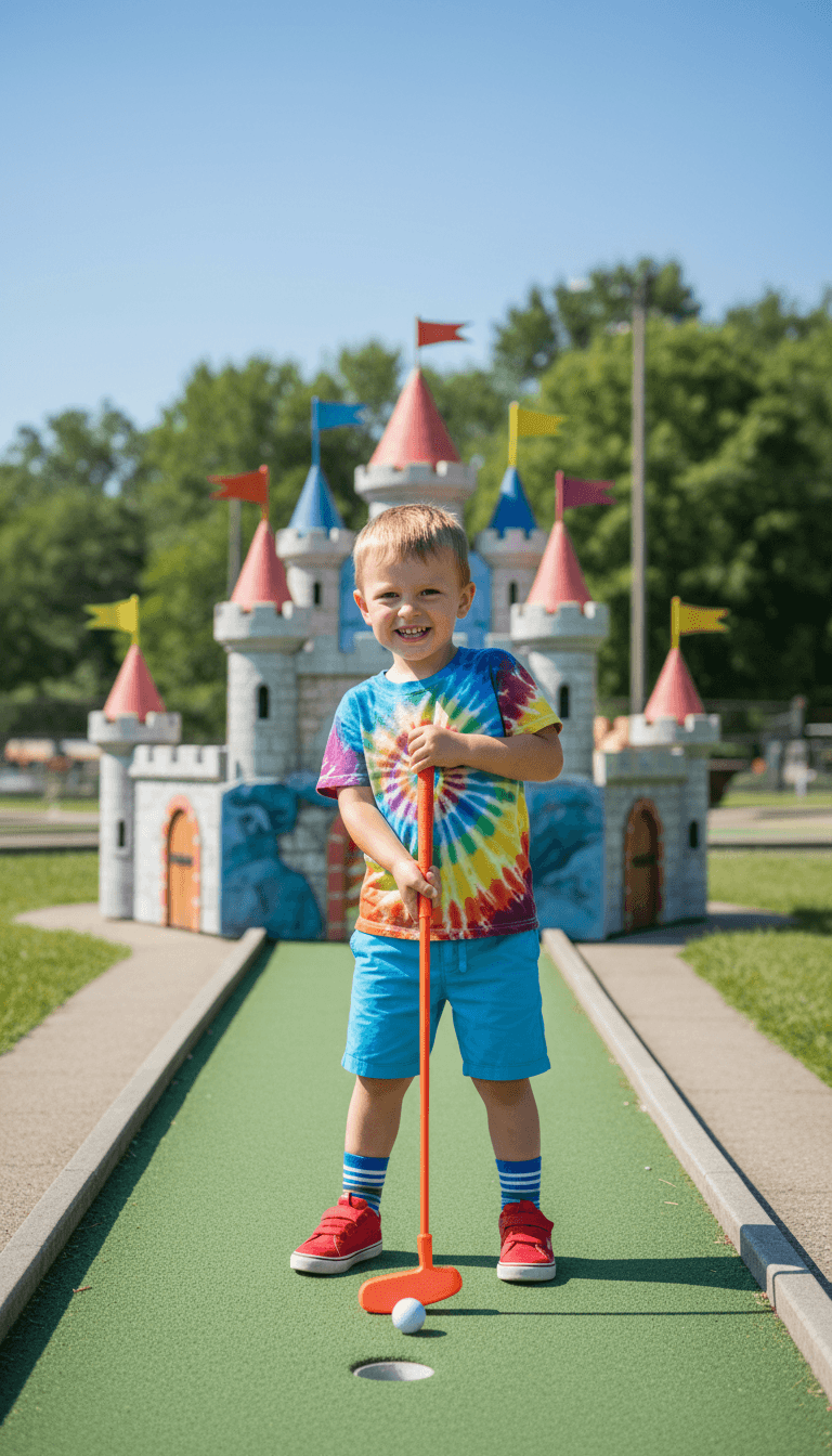 Full-body portrait of joyful child holding putter at mini-golf tee with colorful castle obstacle in park setting