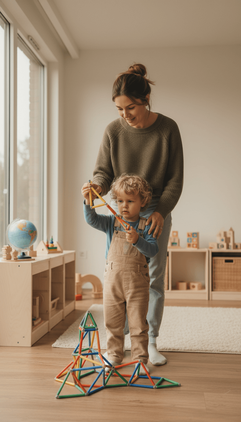 Parent and child together building with STEM kit in bright, minimalist playroom with natural light from windows
