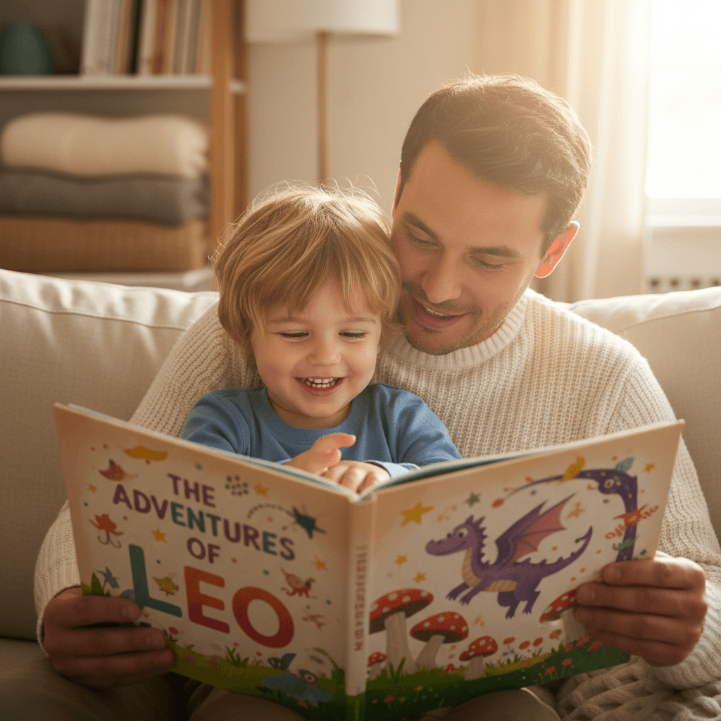 Parent and child reading colorful illustrated book together on couch in warm natural sunlight