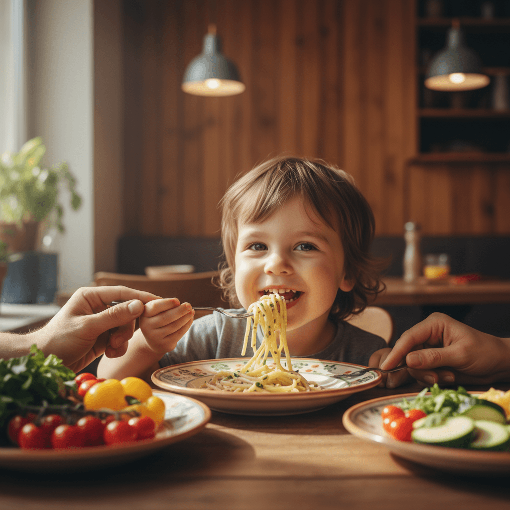 Child smiling while enjoying fresh pasta with parent's hands guiding fork in warm, family-friendly restaurant setting