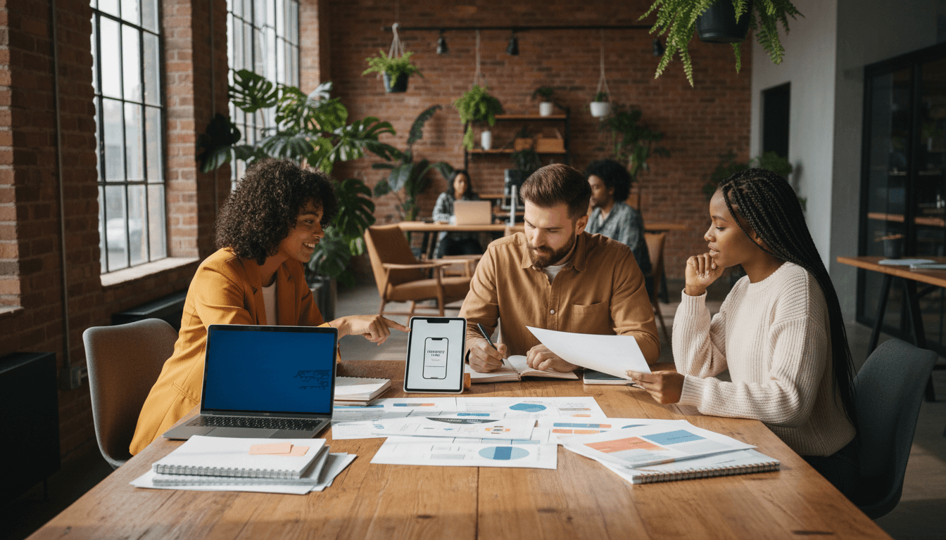 Diverse team of entrepreneurs collaborating around table in modern co-working space with laptops, guides, and mobile interface mockups
