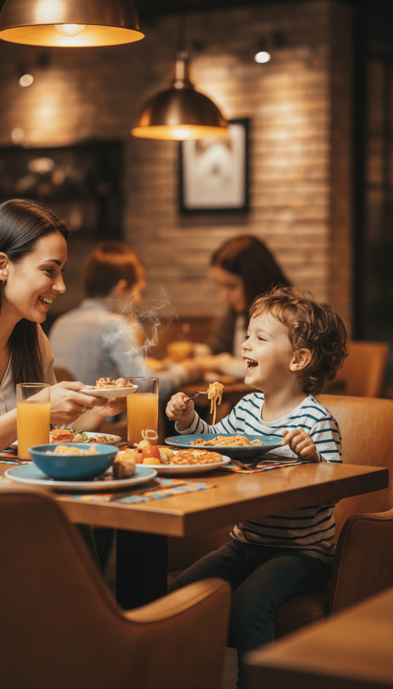 Parent and child enjoying a meal together in warmly lit restaurant, sharing genuine moment of connection