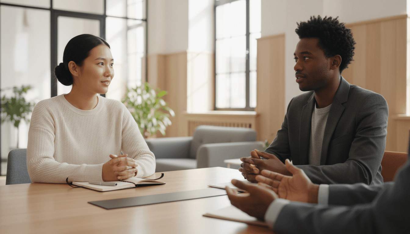 Couple in conversation with a mediator at a conference table