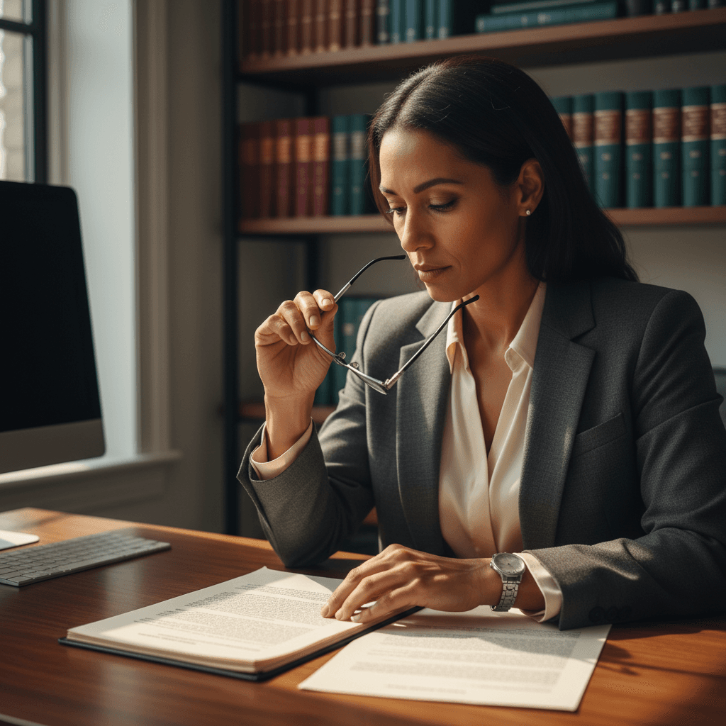 Attorney reviewing legal documents at a desk