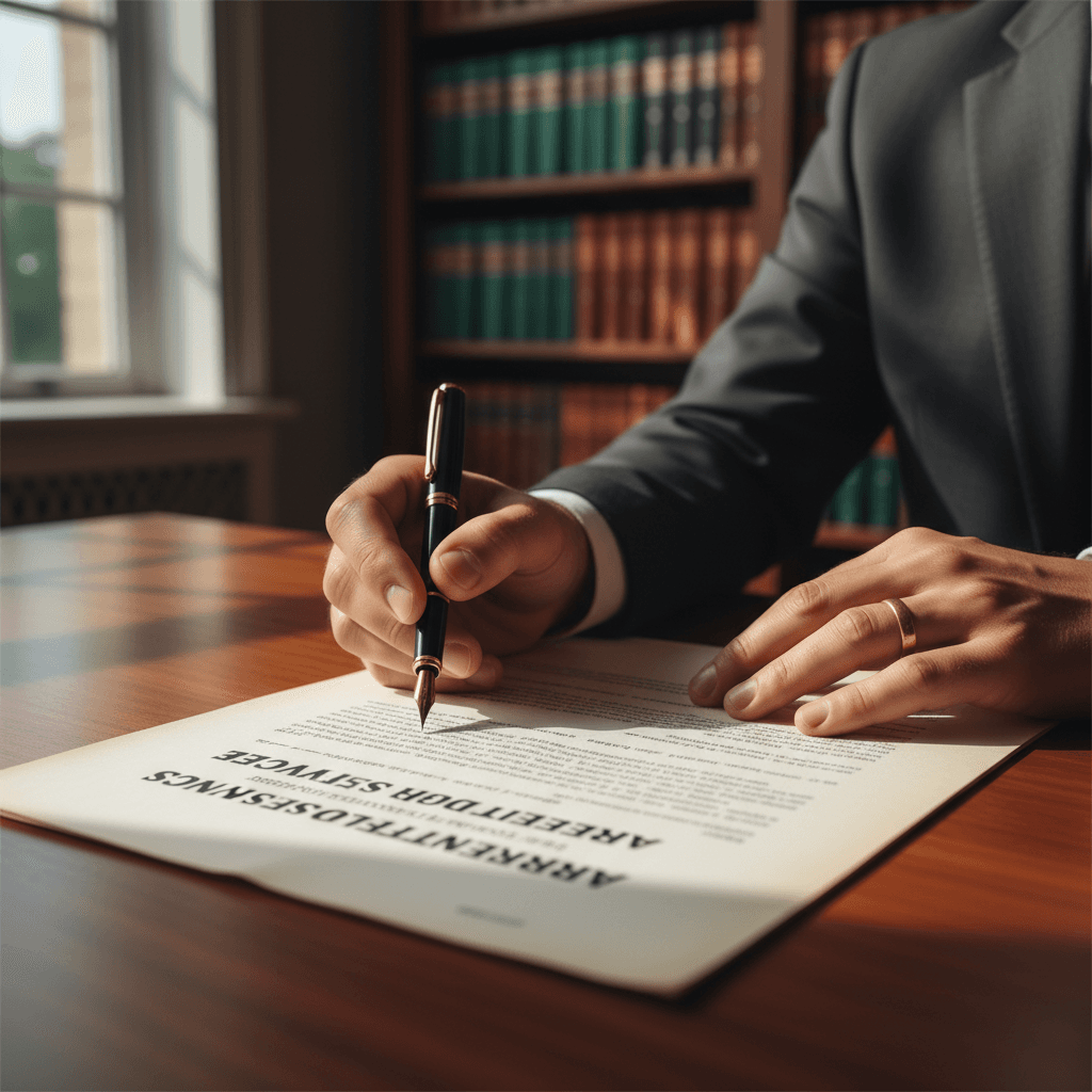 Lawyer reviewing legal documents at a desk
